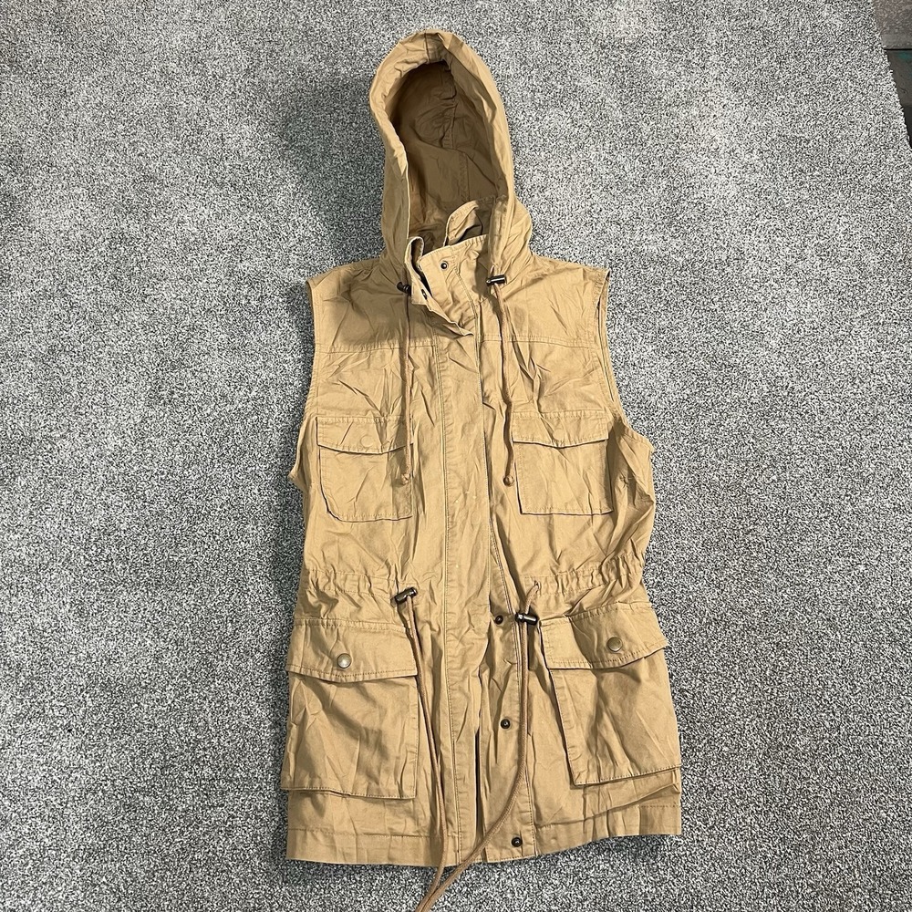 Love Tree Womens Tan Hooded Utility Cargo Vest Longline Safari 8028VH Brown M